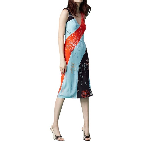 Diane Von Furstenburg Orange Blue and Black Floral Silk Dress Sz 8 - Picture 1 of 11